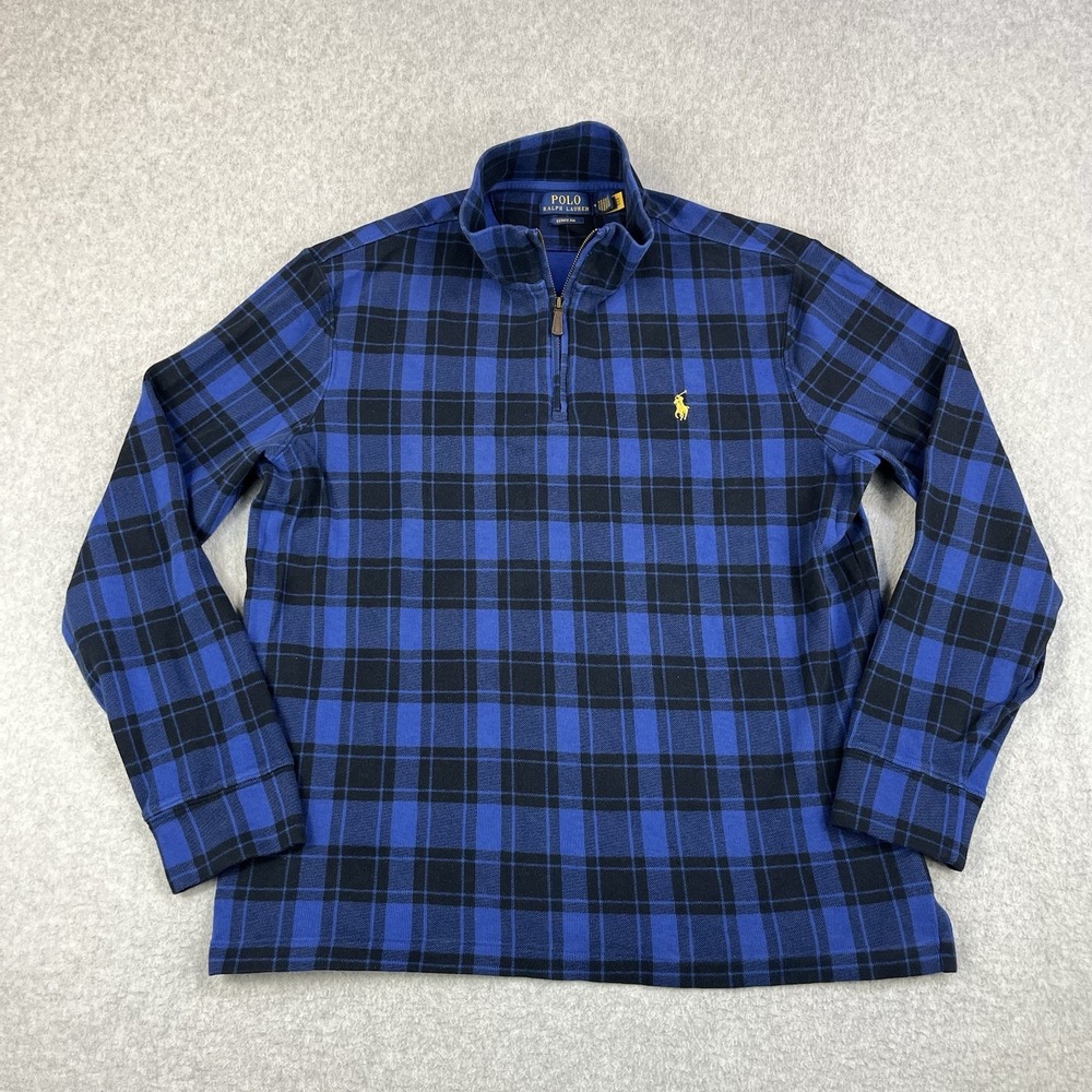 Polo Ralph Lauren Estate Rib Blue Check 1/4 Zip Sweater Mens Medium Pullover